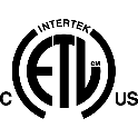 Black and white Intertek ETL certification mark with C on the left and US on the right, indicating compliance with Canadian and US safety standards.
