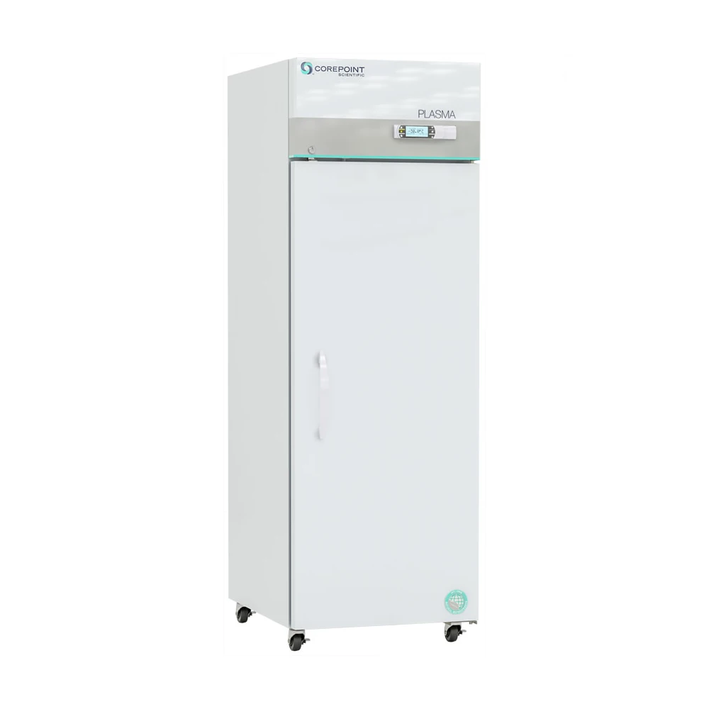 A tall, white medical refrigerator with a digital display and control panel at the top, labeled PLASMA. The unit stands on four wheels for mobility.