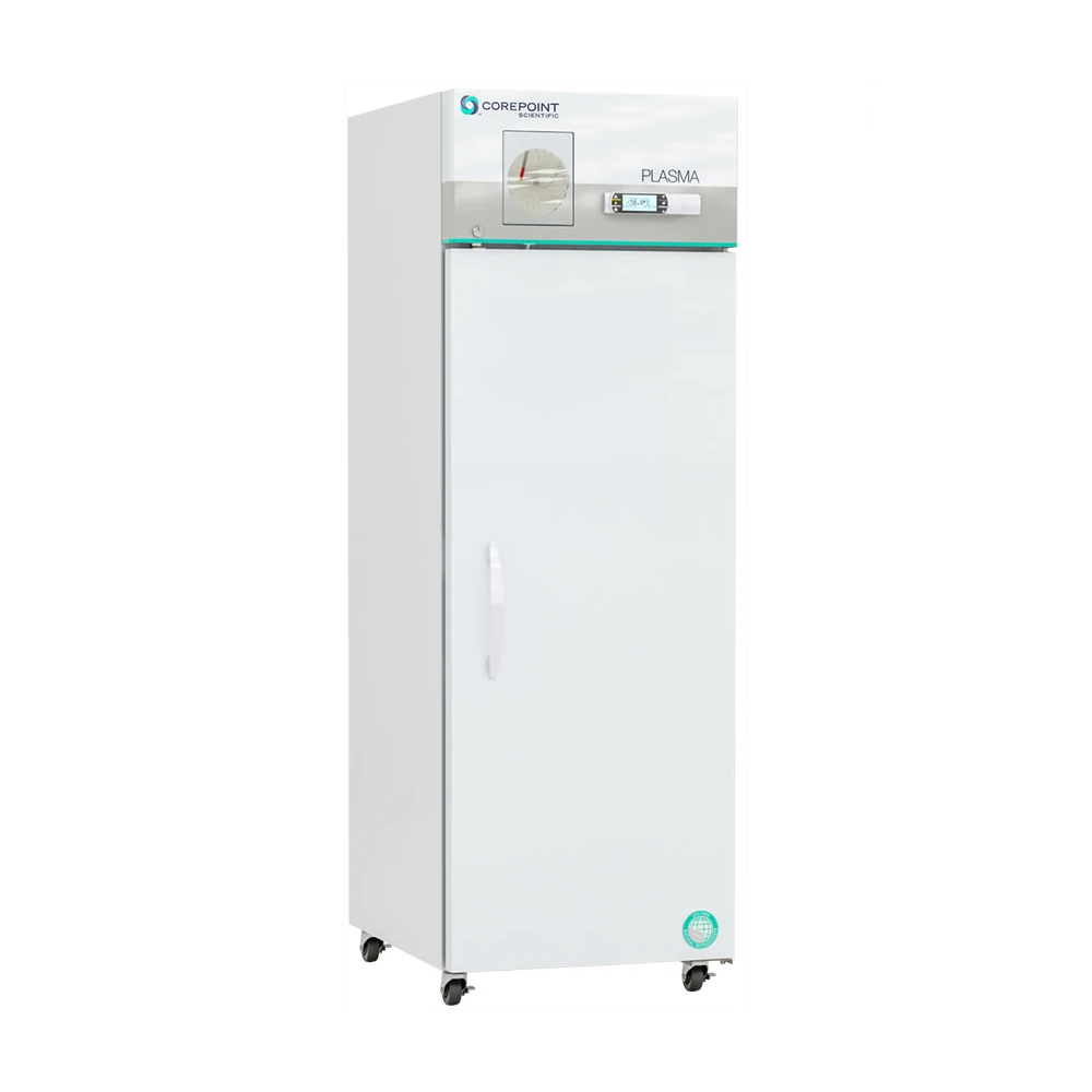 A tall, white medical plasma freezer with a digital display, a control panel, and a solid door, standing on four caster wheels against a plain white background.