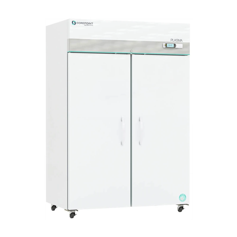 A large, white, double-door laboratory freezer labeled Plasma with a digital temperature display, standing on four wheels for mobility.
