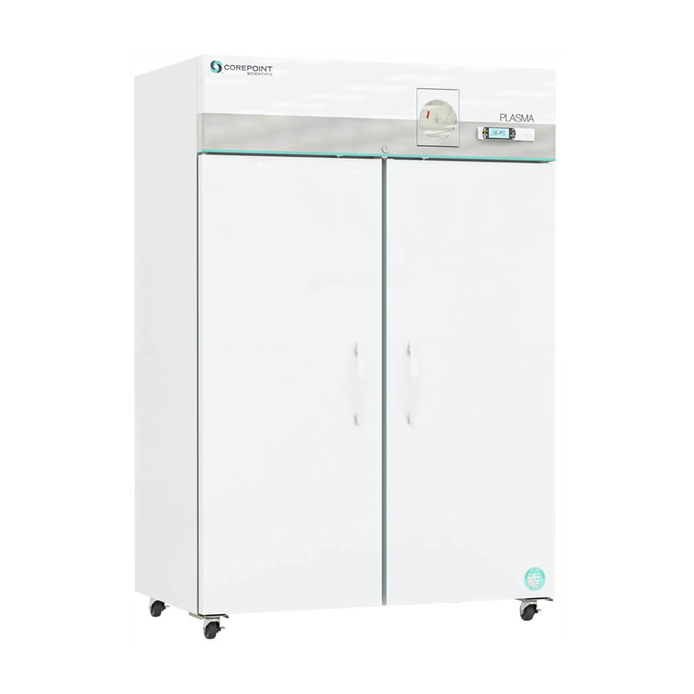 A large, white, double-door medical refrigerator with a digital display and temperature gauge on the top panel, standing on four wheels. The brand Corepoint and the word PLASMA appear above the doors.