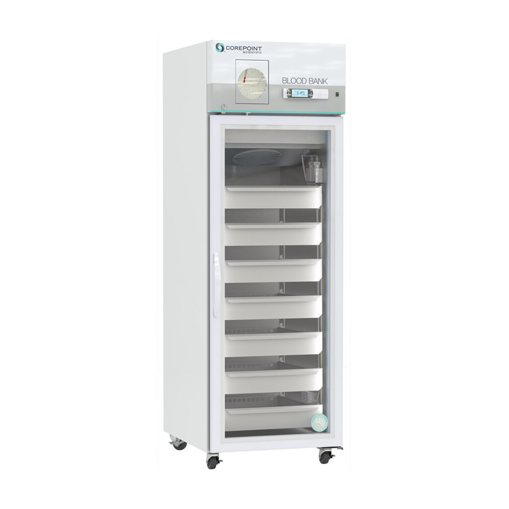 A white, upright medical refrigerator labeled Blood Bank, with a glass door revealing multiple empty storage shelves inside. The unit is on wheels and has control panels on top.