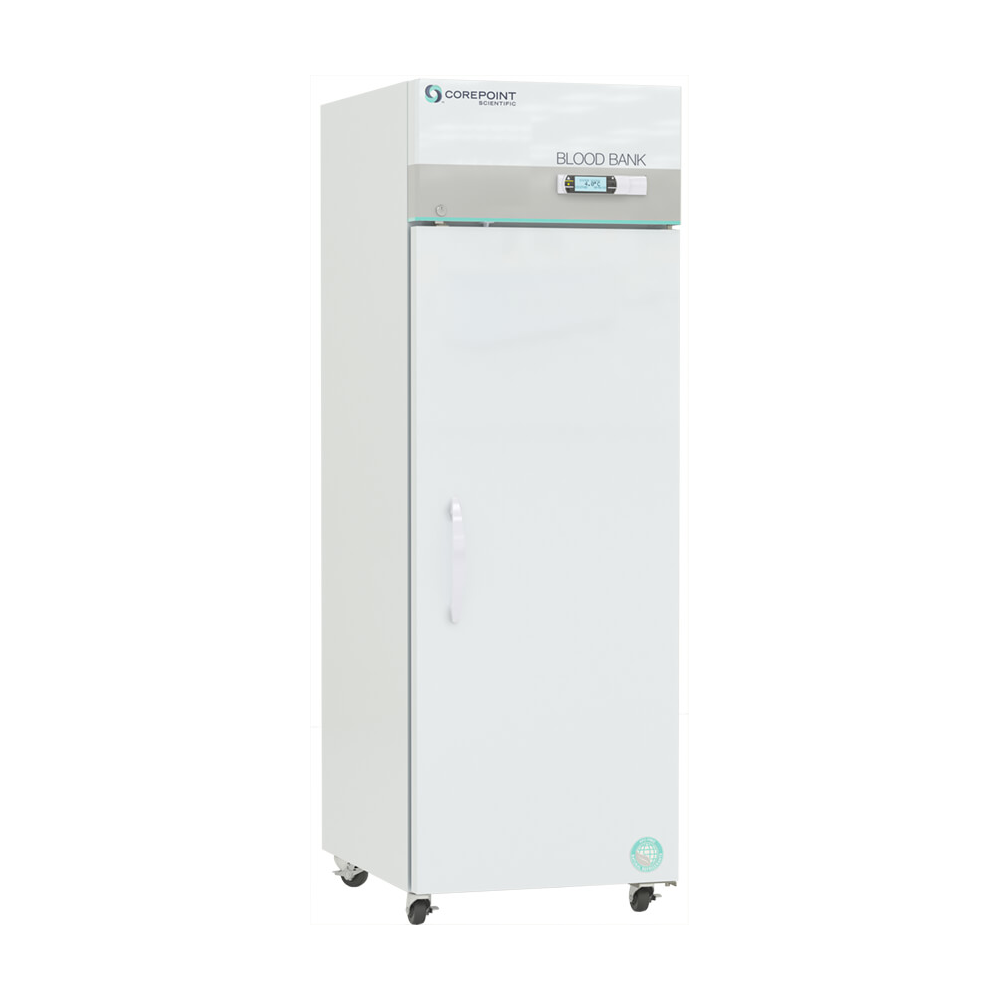 A tall, white medical refrigerator labeled BLOOD BANK with a digital display on the upper section and a single glass door, standing on four wheels.
