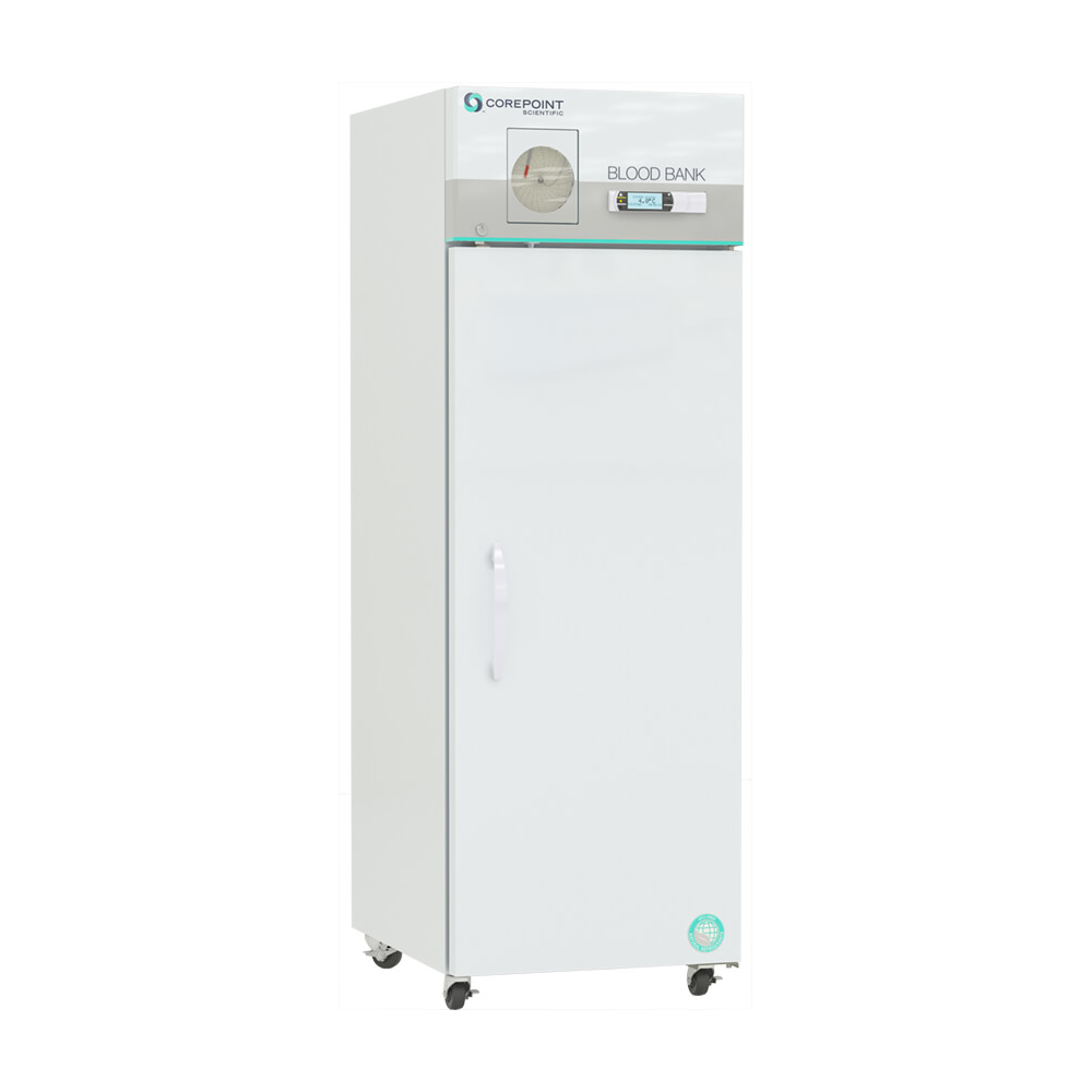 A tall, white blood bank refrigerator with a digital display and gauge on the upper front panel, standing on wheels for mobility.