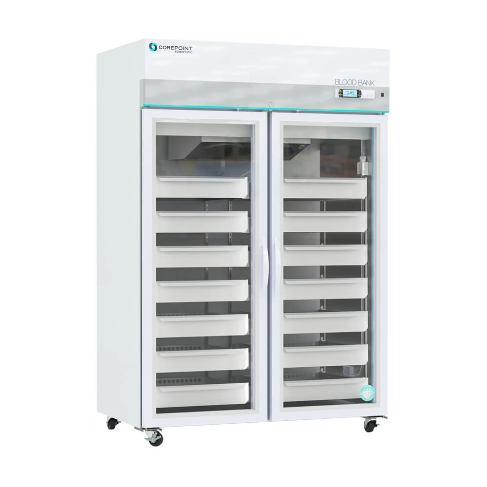 Large, white medical refrigerator with glass double doors, multiple interior shelves, and digital temperature display, labeled Blood Bank, on wheels for mobility.