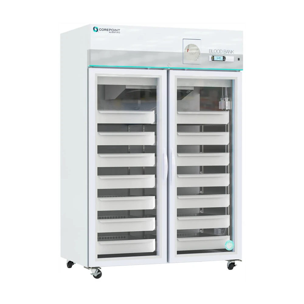 A white, double-door medical refrigerator labeled Blood Bank, with multiple clear drawers and a digital temperature display, on wheels for mobility.