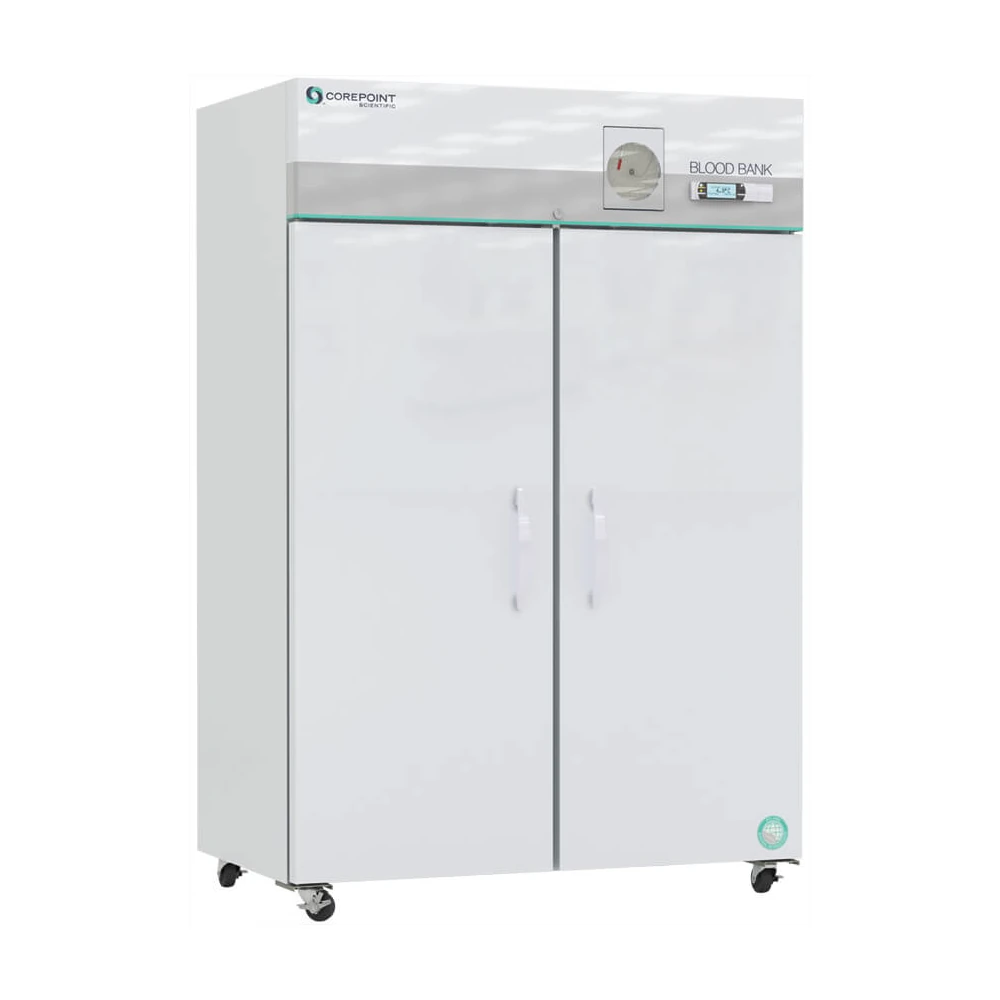 A large, white, double-door blood bank refrigerator with a digital display and control panel, mounted on four wheels for mobility. The brand Corepoint is visible on the top left corner.